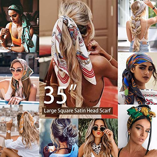DRESHOW 35” Large Square Satin Head Scarf - 4Pcs Silk Accessories Classic Patterned Squares Beach Bandanas for Women - color: 4 Pcs: Black, Camel, Light Pink, Light Green