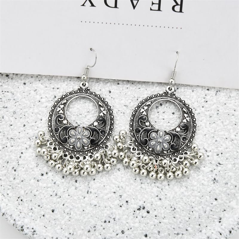Vintage Boho Statement Drop Dangle Earrings for Women Bohemian Ethnic Handmade Beaded Charms Earring Bohemian Retro Chandelier Tassel Earrings Mexico Gypsy Jewelry Gift - color: O-Silver-Black