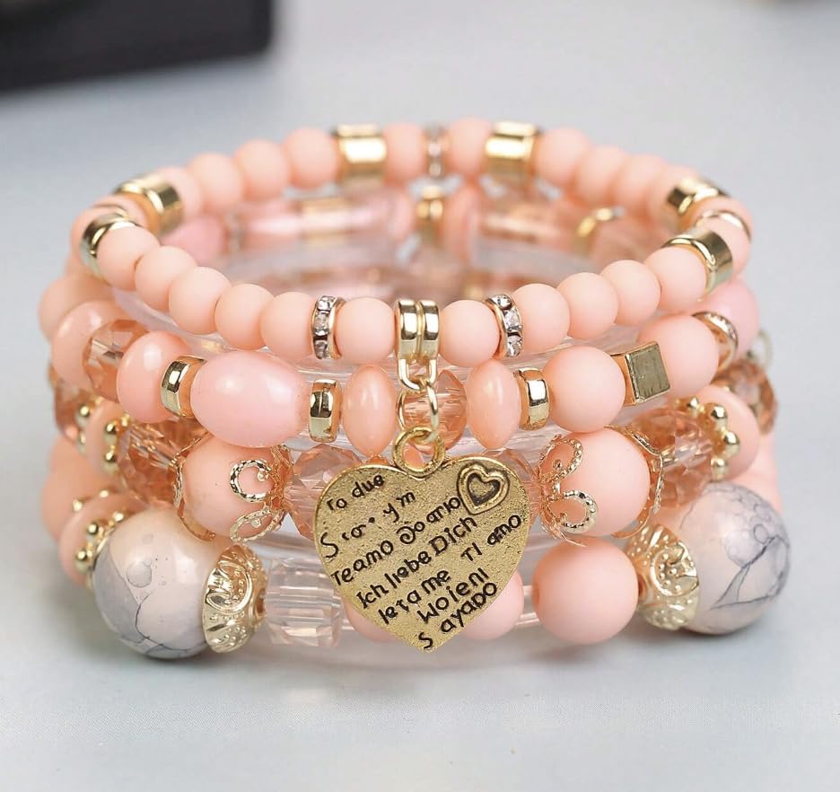 Women Beaded Bracelet Set | Colorful Boho Stackable Trendy Design with Crystal Accents Multilayer Bangle Bracelet | Fashion Stretch Braclets Jewelry for Women - color: Peach