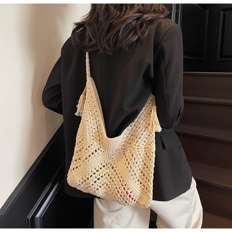 Crochet Beach Bags for Women Woven Purses Shoulder Bag Tote Handbag Summer Beach Purse - color: Wy13-white