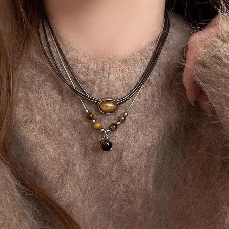 Tiger Eye Necklace for Women Vintage Gold Tiger Eye Brown Stone Pendant Layered Stack Beaded Necklace Elegant Vintage Boho Jewelry - style: SetC