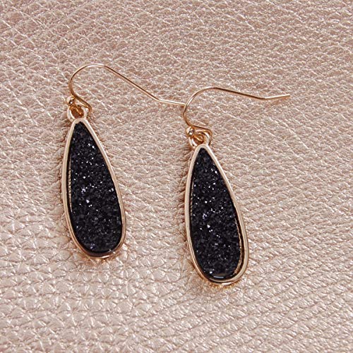 Teardrop Dangle Earrings for Women with Simulated Druzy Stones, in Gold or Rose Gold Tone - color: Gold - Black Stone