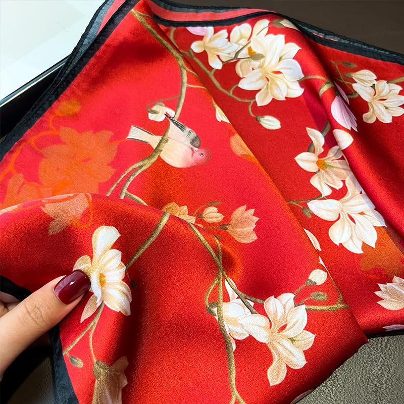 MEISEE 100% Pure Mulberry Silk Scarf 21" Square Scarf Neckerchief Headscarf Breathable Lightweight for Women Gift Packed - color: M3 Red Flower