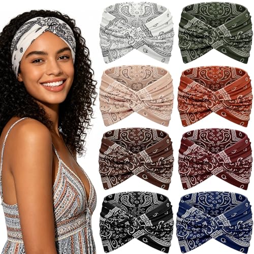 Awumbuk Wide Headbands for Women, 7.08 Inch Thick Boho Turban Style Hair Wraps, Non-Slip Moisture-Wicking Workout Headband for Sports, Yoga, Daily Fashion, 8 Pack Multi Colors (Orange Boho Paisleys) - color: Orange Boho Paisleys