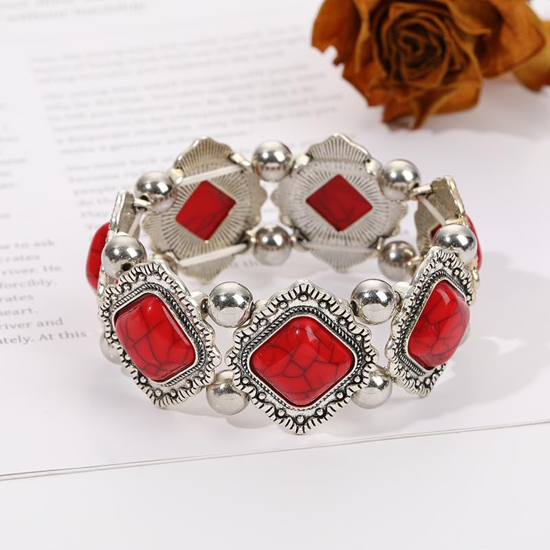 Turquoise Beaded Stretch Bracelets Bohemian Stackable Bracelets Y2K Summer Beach Bracelets Jewelry for Women - color: Red
