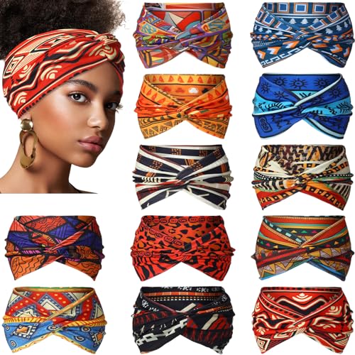 XunYee 12 Pcs Juneteenth Headbands African Boho Print Headbands for Women Yoga Twisted Knot Headwraps - Assorted Wide Elastic Bandeau Hair Accessories for Girls, Running, Sports