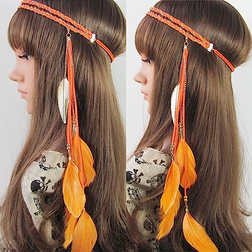 WLBON Halloween Boho Feather Headband Hippie Indian Leaf Hair Hoops Bands Tassel Bohemian Headpiece Hairband Women Xmas Wedding Festival Masquerade Cosplay Dress Up Birthday Party Accessories Orange - color: Purple Tone