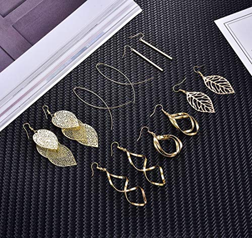 FUNEIA 6 Pairs Drop Dangle Earrings for Women Long Bar Double Twist Wave Curved Threader Cut Out Leaf Lightweight Earrings Set - color: B:Gold