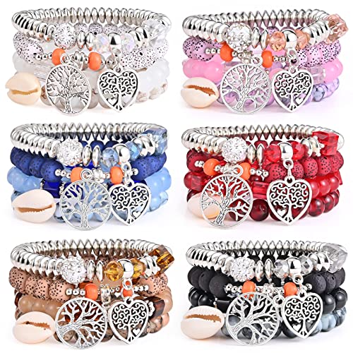 Bohemian Bracelet Sets for Women - 6 Sets Stackable Stretch Bracelets Multi-color Boho Jewelry for Women Hippie Bracelets Dainty Jewelry - color: Tree of Life Bead Bracelets