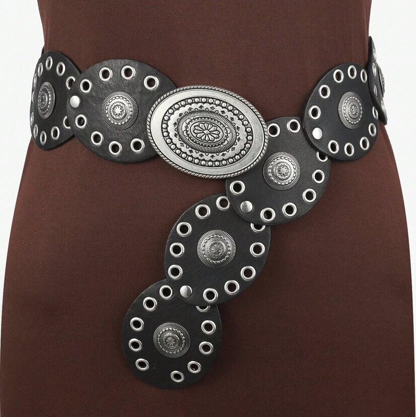 Wide Western Cowboy Disc Belt for Woman Concho PU Leather Belts for Ladies Boho Country Waist Belts for Dress Jeans - color: Black-silver Buckle
