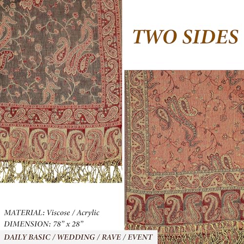 Achillea Reversible Paisley Pashmina Rave Scarf – Exotic Indian Shawls and Wraps for Evening Dresses, Festivals, All Seasons - color: Olive Burgundy