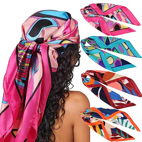 DRESHOW 35” Large Square Satin Head Scarf - 4Pcs Silk Accessories Classic Patterned Squares Beach Bandanas for Women - color: 4 Pcs: Rose, Turquoise, Orange, Brown