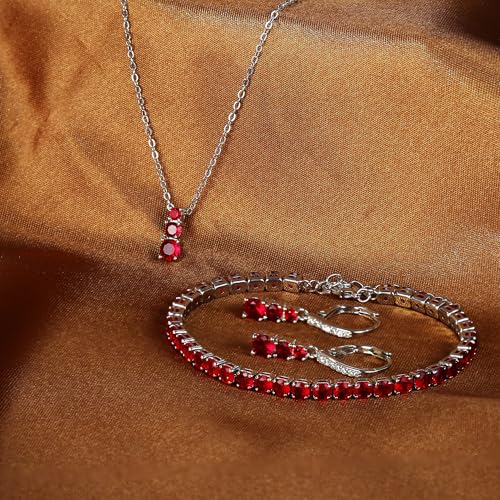 Crysdue Cubic Zirconia Jewelry Set for Women Bridesmaid, Classic Round Cut Drop Lightweight Lever Back Earrings Pendant Necklace Tennis Bracelet for Wedding Prom Party - style: 3pcs Red, Silver
