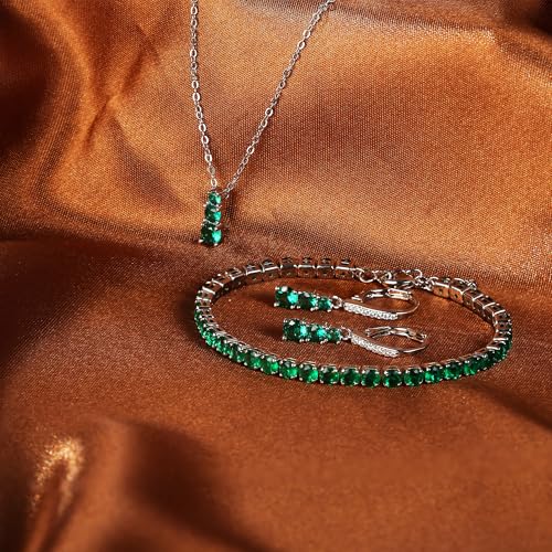 Crysdue Cubic Zirconia Jewelry Set for Women Bridesmaid, Classic Round Cut Drop Lightweight Lever Back Earrings Pendant Necklace Tennis Bracelet for Wedding Prom Party - style: 3pcs Green, Silver