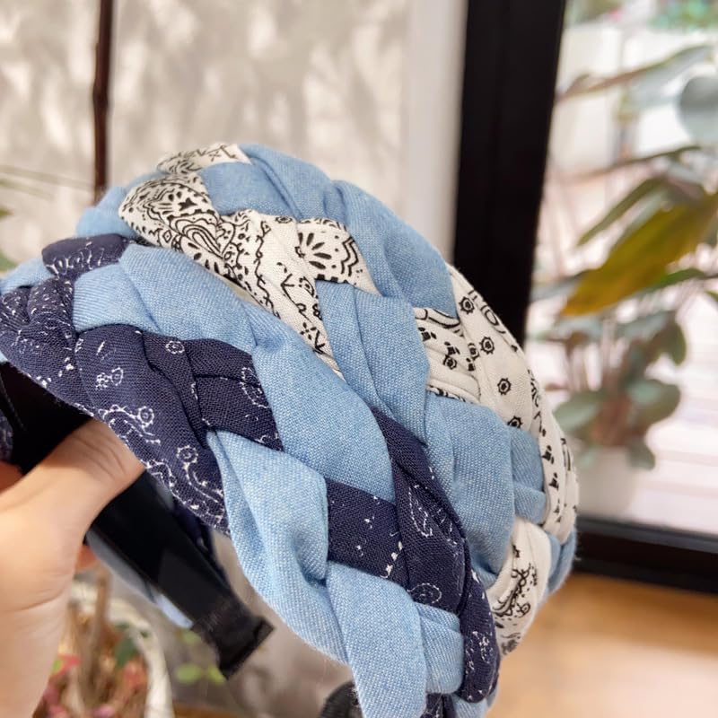 Braided Headband for Women-Vintage Fabric High Crown Headband with Non-Slip Teeth, Cute Boho Knotted Hair Band for Women & Teens (12-Deep Blue, One Size) - color: 12-Deep Blue
