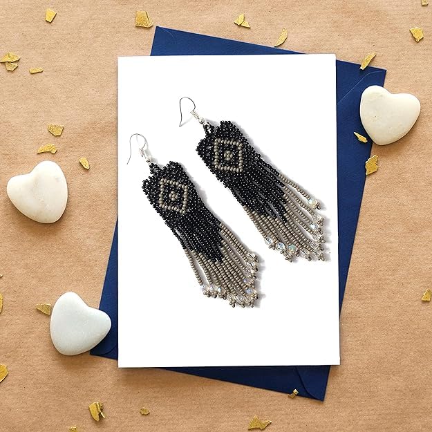 Long Beaded Dangle Earrings – Boho Native Handmade Seed Bead Tassel Bohemian Large Statement Drop Fringes for Women - color: Black/Gray