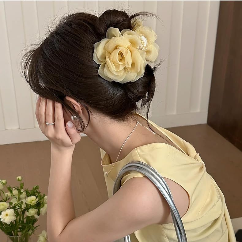 Large Chiffon Rose Flower Hair Claw Clips Boho Mesh Floral Hair Pins Barrettes Strong Hold Non-Slip Beach Vacation Hair Accessories for Women (Yellow Rose Flower Hair Clips) - color: Yellow Rose Flower Hair Clips