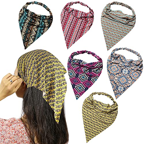 Vercret 6 Pack Hair Scarf Headband for Women Elastic Bandana Head Scarf Large Boho Triangle Kerchief with Clips Non Slip Scarves - color: O Bohemian
