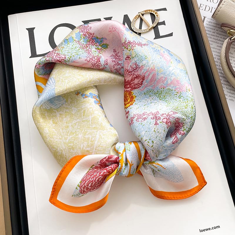 MEISEE 100% Pure Mulberry Silk Scarf 21" Square Scarf Neckerchief Headscarf Breathable Lightweight for Women Gift Packed - color: M3 Orange Beige Flower
