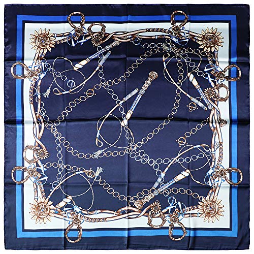 vabovin Satin Head Scarf for Women Silk Like Hair Scarf, 35 x 35 in | Silk Feel Fabric, Hair Wrap for Sleeping, Headscarf and Neck Scarf, Square Bandana Style, Fashion Accessory - color: 011 Blue Chain Print
