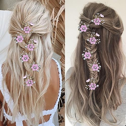 6 Pcs Bridal Flower Wedding Hair Pins Crystal Pearl Hair Pins Clips Headpiece Gold Wedding Hair Accessories Jewelry with Rhinestone for Brides Bridesmaids Women Girls Updo (Romantic Lilac Purple) - color: Romantic Lilac Purple