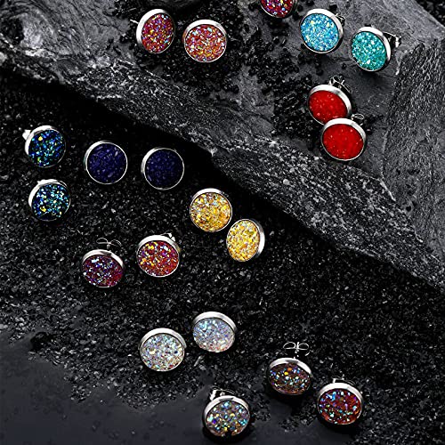 Hicarer 32 Pairs Round Druzy Stud Earrings Bohemian Round Stud Stainless Steel Pierced Earrings Jewelry for Women Graduation Gift - size: 11 mm