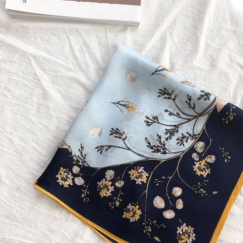 100% Mulberry Silk Neck Scarf 21''x21'' Small Square Hair Scarf for Women Men Lightweight Bandana Envelope Package - color: Shell Flower- Blue