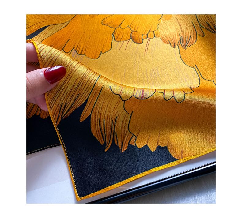FEIBOON Mulberry Silk Scarfs Neck Scarf 21" Small Square Scarfs hair scarf bandana Neckerchief Headscarf for Women - color: Black and Orange Flowers