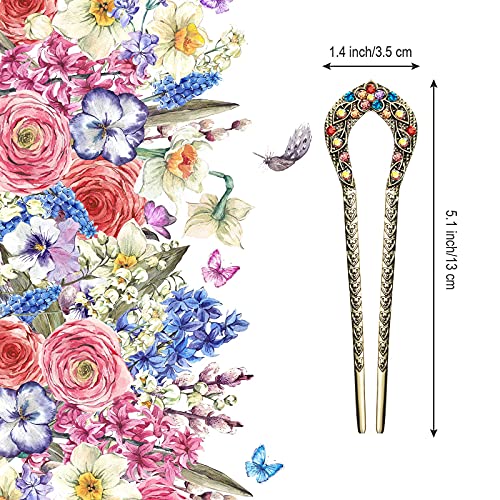 Waydress 5 Pcs Vintage Hair Fork French Hair Pin for Buns Metal Chignon Pin Chopsticks Crystal Rhinestone Double Prong Hairpin Stick U Shaped Bun Accessories for Women(Elegant Pattern)