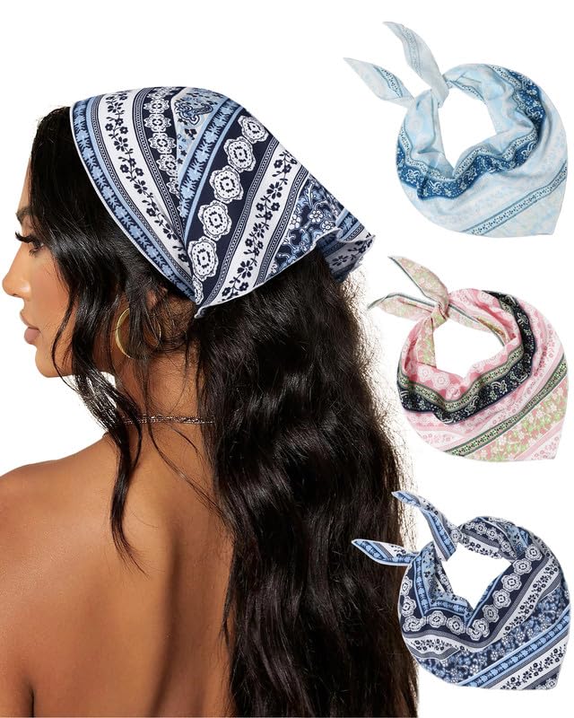 AWAYTR 3Pcs Hair Bandanas Head Kerchief for Women Girls Tie-Back Boho Hair Scarf Headband Bandana Triangle Head Scarf - color: Stripe Print - Pink / Light Blue / Navy Blue