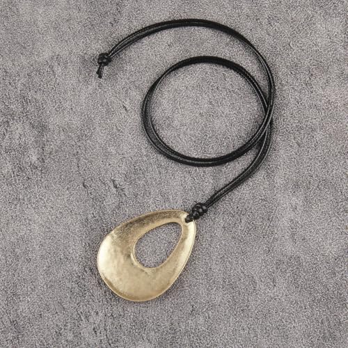 PU Leather Necklace Vintage Boho Style Multilayer Pendant Long Sweater Necklace Jewelry for Women Men with Adjustable Leather Cord - color: Gold Pear-shaped Leather Necklace