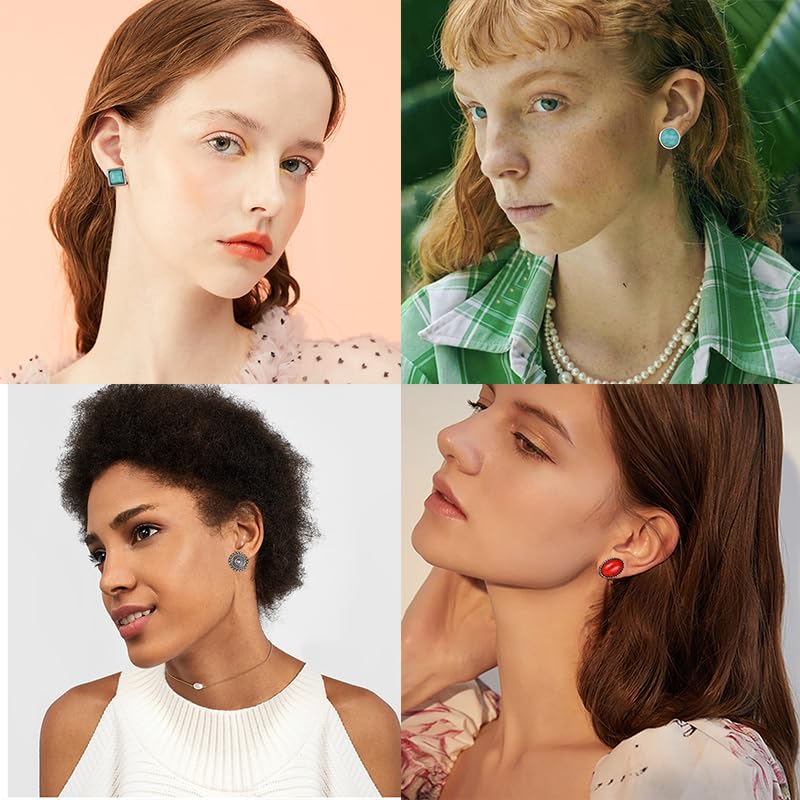 ONLYJUMP 12 Pairs Boho Stud Earrings Set for Women Vintage Bohemian Assorted Stud Earring Handmade Gemstone Oval Round Flower Earrings Turquoise Earrings Trendy Jewelry Gift