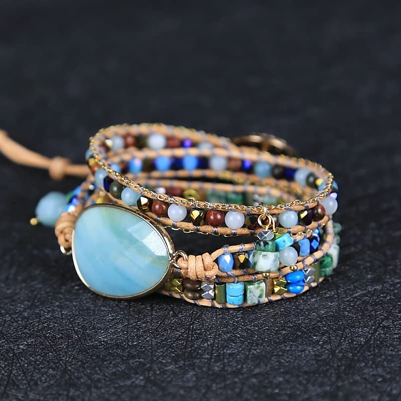 Women Wrap Bracelet Boho Natural Jasper Crystal Stone Beads Strand Bracelets - color: Amazonite