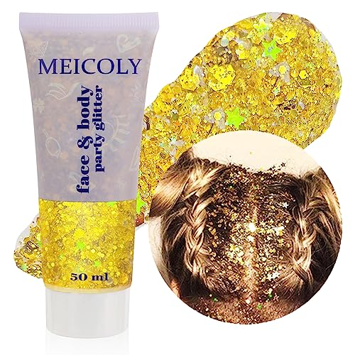 MEICOLY Gold Body Glitter,Yellow Face Glitter,Music Festival Singer Concert Outfits for Women,Holographic Hair Glitter Kids Makeup,Self-Adhesive Sparkle Face Body Glitter,Mardi Gras Accessories - color: gold body glitter