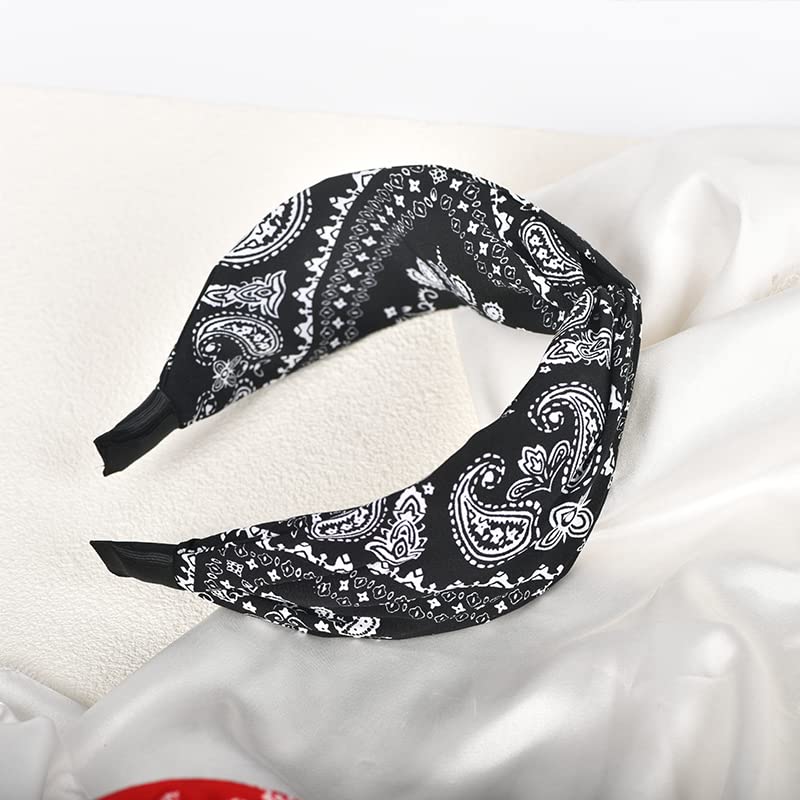 Boho Black Paisley Knotted Headband - Wide Twisted Knot, Non-Slip Bandana for Women and Girls' Hair - color: black