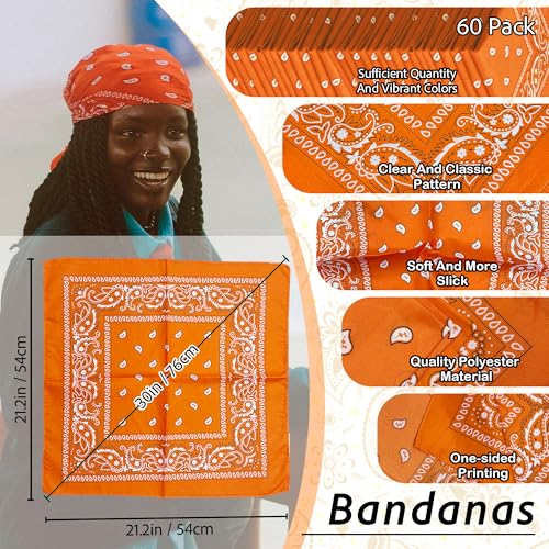 ILHSTY 60 Pcs Women Men Paisley Bandanas Bulk Unisex Bandanas Head Cowboy Scarf Necktie handkerchief Party Supplies - color: Orange