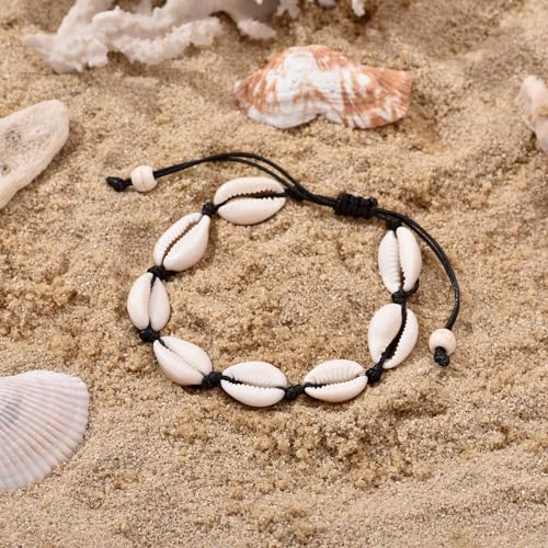ATIMIGO Adjustable Nature Puka Shell Ankle Bracelet Cowrie Shell Anklet Handmade Boho Hawaiian Beach Surfer Seashell Braided Anklet Foot Jewelry for Women - color: black string cowire shell anklet & white anklet
