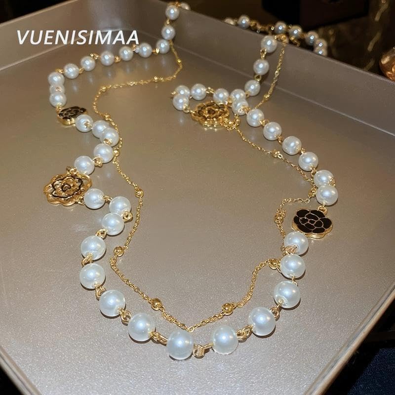 Long Pearl Necklace for Women, 8mm Simulated Pearl Strand Necklace, Layered Multi Strand Gold Beaded Necklace, 58" No Clasp Wrap Necklace Vintage Costume Jewelry Gift - style: 02-Long pearl necklace-Black