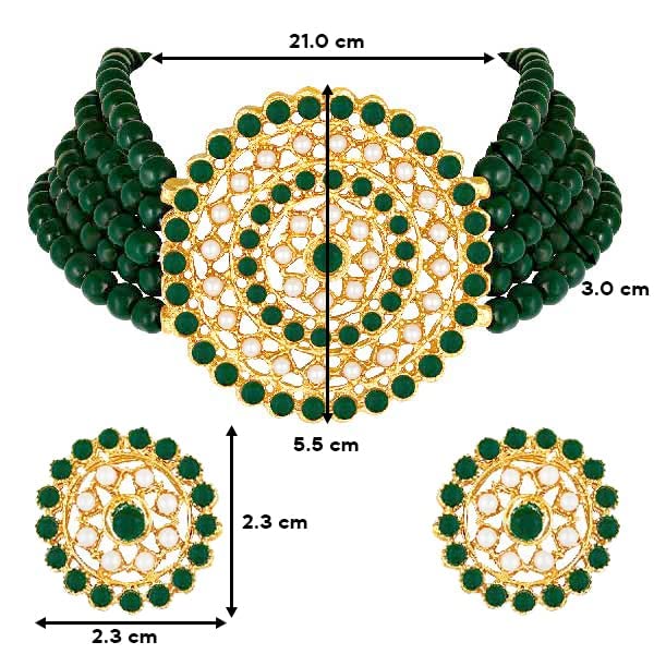 Aheli Pearl Diamond Choker Necklace & Round Earrings Gift for Women Indian Traditional Bollywood Fashion Bharatanatyam jewellery set - color: Green 1