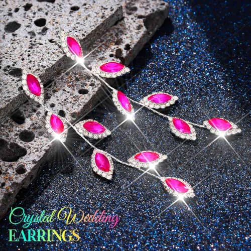 Catery Crystal Wedding Earrings Rhinestones Dangling Earrings Leaf Bridal Ear Jewelry for Brides and Women - color: Hot Pink