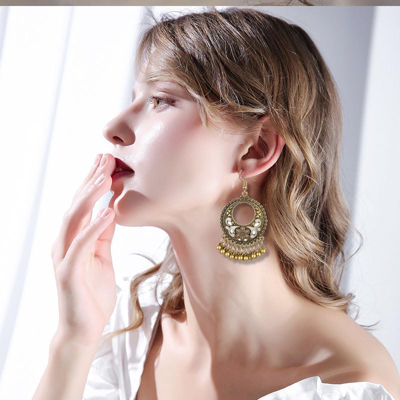 Vintage Boho Statement Drop Dangle Earrings for Women Bohemian Ethnic Handmade Beaded Charms Earring Bohemian Retro Chandelier Tassel Earrings Mexico Gypsy Jewelry Gift - color: O-Gold-White