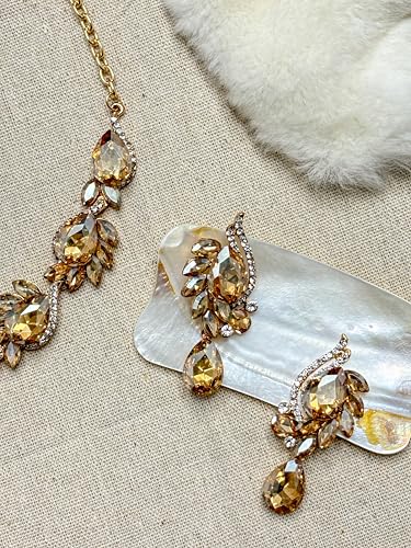 Women Jewelry Set Rhinestone Crystal Bride Statement Choker Necklace Teardrop Cluster Dangle Earrings Set for Wedding Prom Party - color: champagne