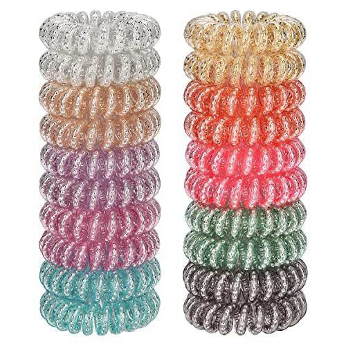 JessLab Spiral Hair Ties, 20 Pcs Traceless Phone Cord Hair Ties No Crease Spiral Bracelet Plastic Coil Ponytail Holders No-Damage Headband Hair Accessory for Girls Women Ladies Gift (Steel Beaded) - color: Steel Beaded