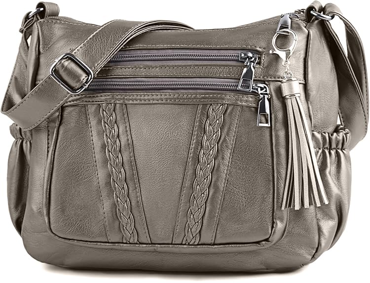ELDA Crossbody Bags For Women Pocketbooks Soft PU Leather Purses and Handbags Multi Pocket Shoulder Bag - color: Antique Silver