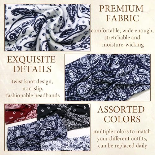 Boho Bandana Headband For Women Wide Headbands Knotted Turban Head Wraps Cute Head Scarf Hairband Paisley Fashion Hair Wrap Turban Bands Workout Bandana Hair Accessories For Women 4 Pack - color: Style 123