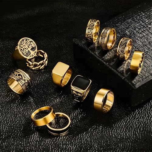 12 Pcs Stainless Steel Vintage Ring for Men Carving Celtic Sliver Band Rings Set Men Rings Jewelry - color: Gold