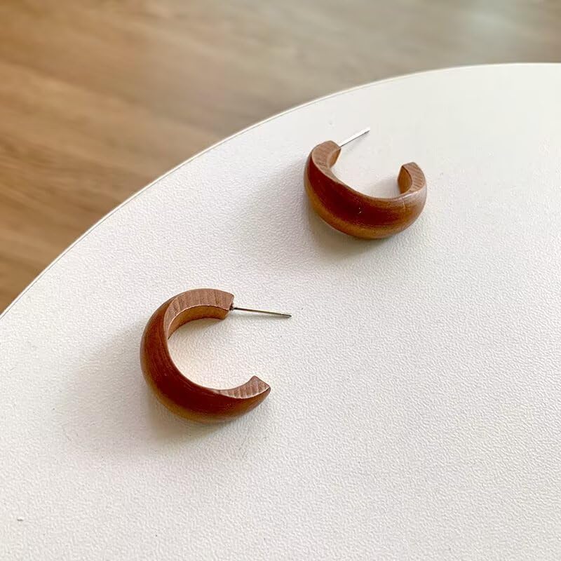 Boho Retro Wooden Lightweight Geometric C Hoop Earrings Natural Wood Stud Earrings for Women - color: Brown