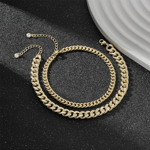 Freekiss Sterling Silver Ankle Bracelets for Women: Dainty Layered Waterproof Anklet for Women Adjustable Womens Anklet Set Stackable Figaro Beaded Cuban Link Anklets Beach Jewelry for Women - color: Layered Cuban Chain-GD
