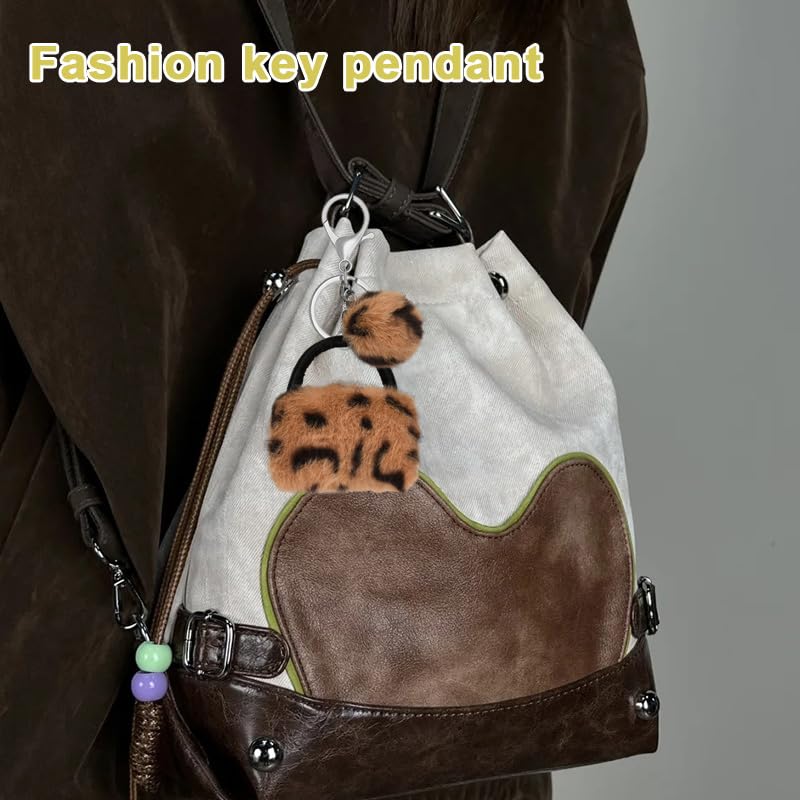 Leopard Faux Fur Keychain for Purse Charms for Handbags Leopard Plush Key Chain for Car Keys - color: Color 1