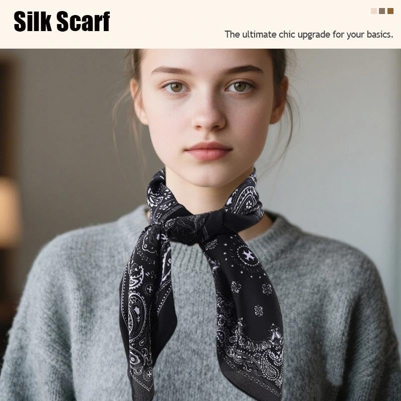 Guqqeuc Satin Head Scarf Silky Feeling Bandana Hair Wrap for Women Silk Scarves Paisley Headscarf Square Scarf Neckerchief - color: Black